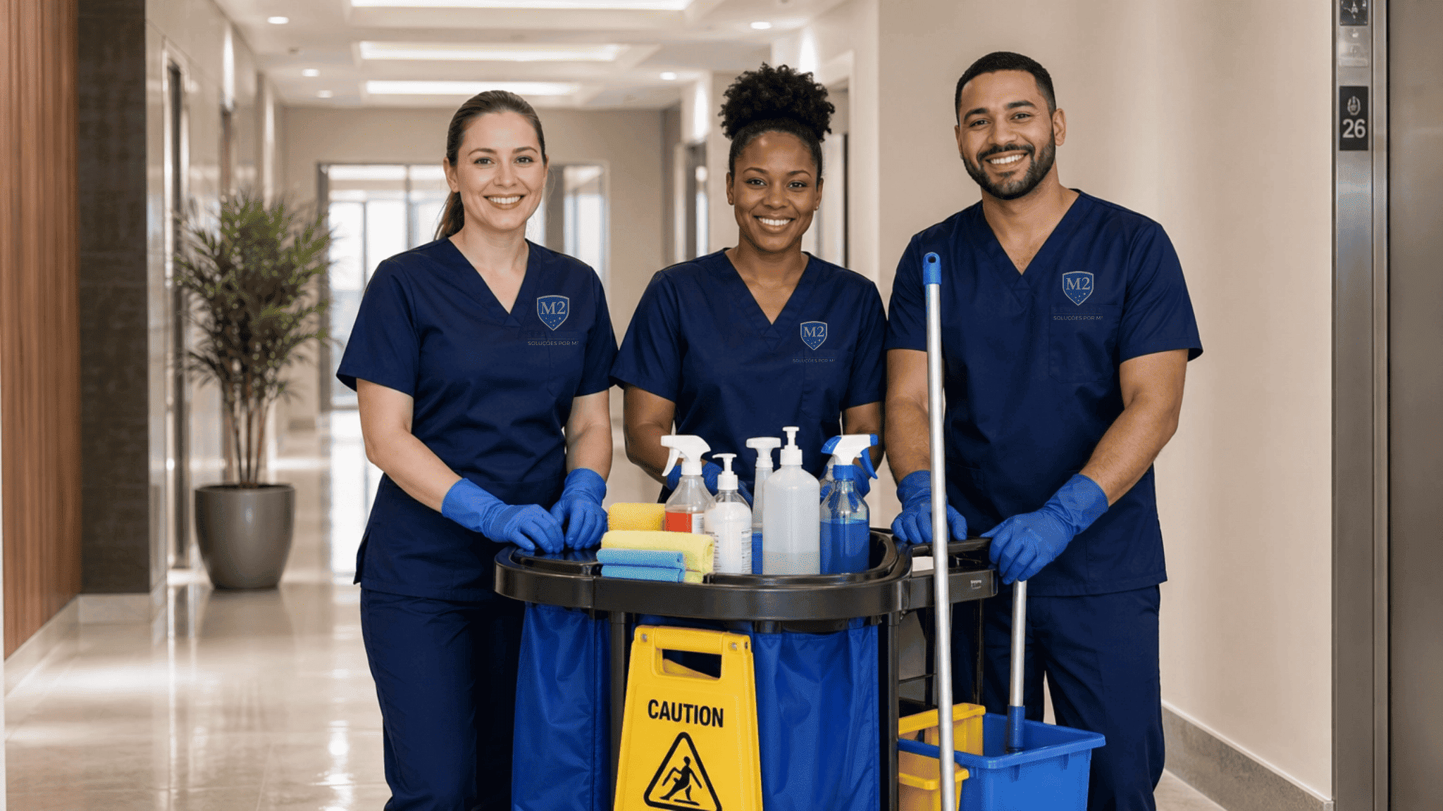 Equipe de limpeza da M2 Serviços em ação
