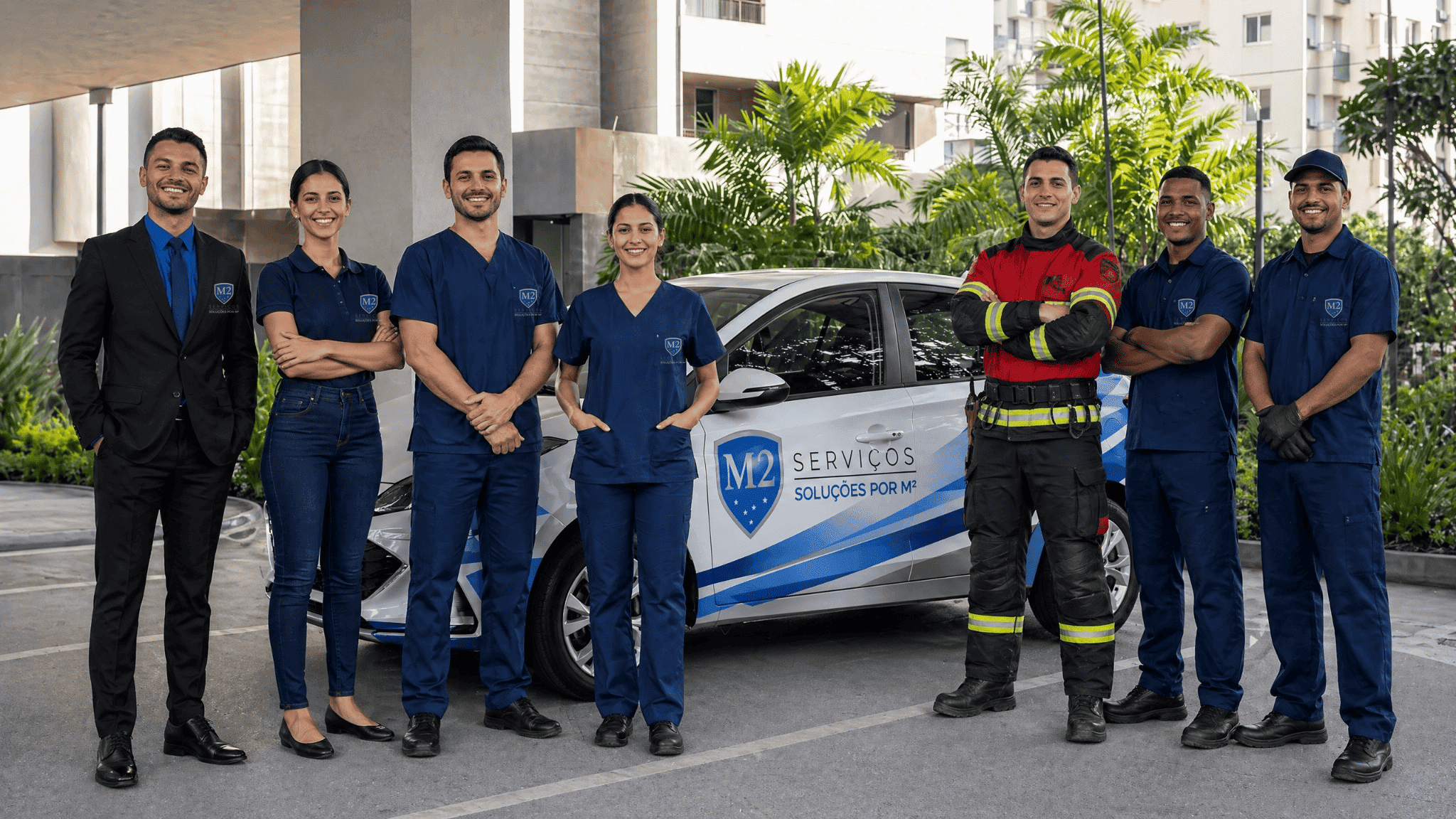 Equipe completa da M2 Serviços uniformizada